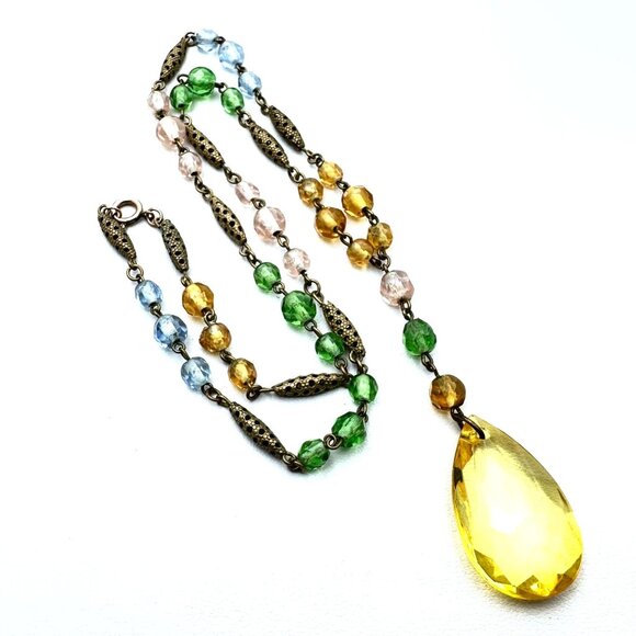 Antique Czech Art Deco Pastel Glass Pendant Necklace Antiqued Gold 22" - Picture 4 of 4